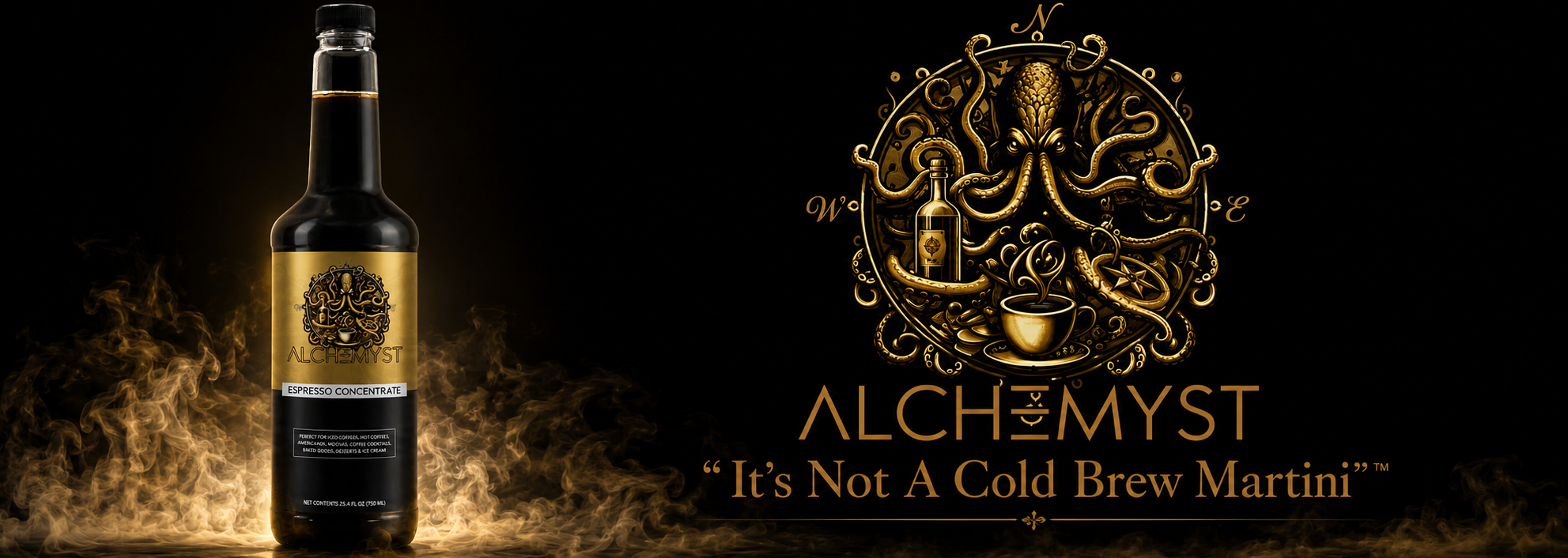A bottle of Alchemyst 100% Arabica Espresso Concentrate for Espresso Martinis. "It's Not A Cold Brew Martini" 